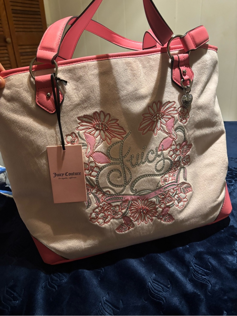 Juicy Couture Pink and Cream Floral Embroidered Tote